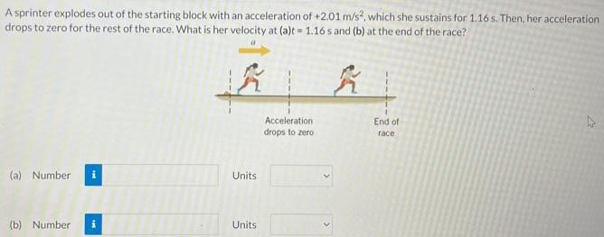 A sprinter explodes out of the starting block with an acceleration of +2.01 m/s2, which she sustains for 1.16 s. Then, her acceleration drops to zero for the rest of the race. What is her velocity at (a)t = 1.16 s and (b) at the end of the race? (a) Number Units (b) Number Units