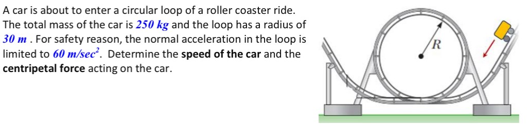 A car is about to enter a circular loop of a roller coaster ride. The total mass of the car is 250 kg and the loop has a radius of 30 m. For safety reason, the normal acceleration in the loop is limited to 60 m/sec2. Determine the speed of the car and the centripetal force acting on the car.