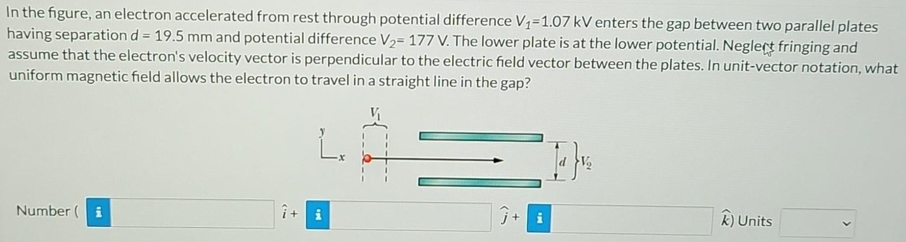 In the figure, an electron accelerated from rest through potential difference V1 = 1.07 kV enters the gap between two parallel plates having separation d = 19.5 mm and potential difference V2 = 177 V. The lower plate is at the lower potential. Neglect fringing and assume that the electron's velocity vector is perpendicular to the electric field vector between the plates. In unit-vector notation, what uniform magnetic field allows the electron to travel in a straight line in the gap?