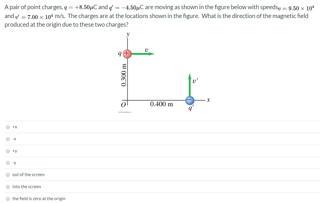 A pair of point charges, q = +8.50 μC and q′ = −4.50 μC are moving as shown in the figure below with speeds v = 9.50×104 and v′ = 7.00×104 m/s. The charges are at the locations shown in the figure. What is the direction of the magnetic field produced at the origin due to these two charges? +x −x +y −y out of the screen into the screen the field is zero at the origin