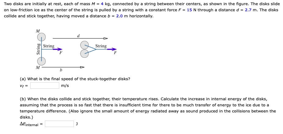 Two disks are initially at rest, each of mass M = 4 kg, connected by a string between their centers, as shown in the figure. The disks slide on low-friction ice as the center of the string is pulled by a string with a constant force F = 15 N through a distance d = 2.7 m. The disks collide and stick together, having moved a distance b = 2.0 m horizontally. (a) What is the final speed of the stuck-together disks? vf = m/s (b) When the disks collide and stick together, their temperature rises. Calculate the increase in internal energy of the disks, assuming that the process is so fast that there is insufficient time for there to be much transfer of energy to the ice due to a temperature difference. (Also ignore the small amount of energy radiated away as sound produced in the collisions between the disks.) ΔEinternal = J