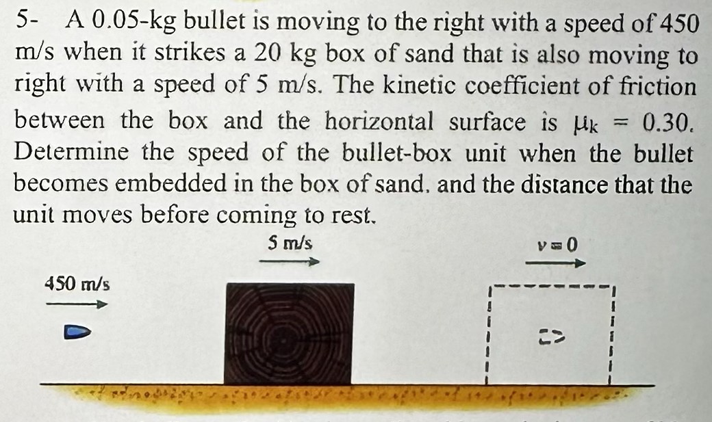 5- A 0.05-kg bullet is moving to the right with a speed of 450 m/s when it strikes a 20 kg box of sand that is also moving to right with a speed of 5 m/s. The kinetic coefficient of friction between the box and the horizontal surface is μk = 0.30. Determine the speed of the bullet-box unit when the bullet becomes embedded in the box of sand, and the distance that the unit moves before coming to rest.