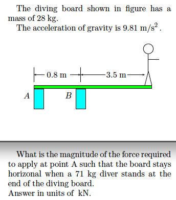 The diving board shown in figure has a mass of 28 kg. The acceleration of gravity is 9.81 m/s2. What is the magnitude of the force required to apply at point A such that the board stays horizonal when a 71 kg diver stands at the end of the diving board. Answer in units of kN.