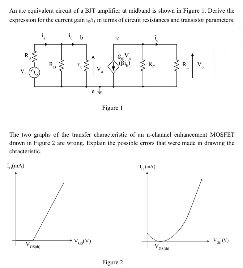 An a. c equivalent circuit of a BJT amplifier at midband is shown in Figure 1. Derive the expression for the current gain io/is in terms of circuit resistances and transistor parameters. Figure 1 The two graphs of the transfer characteristic of an n-channel enhancement MOSFET drawn in Figure 2 are wrong. Explain the possible errors that were made in drawing the characteristic. Figure 2