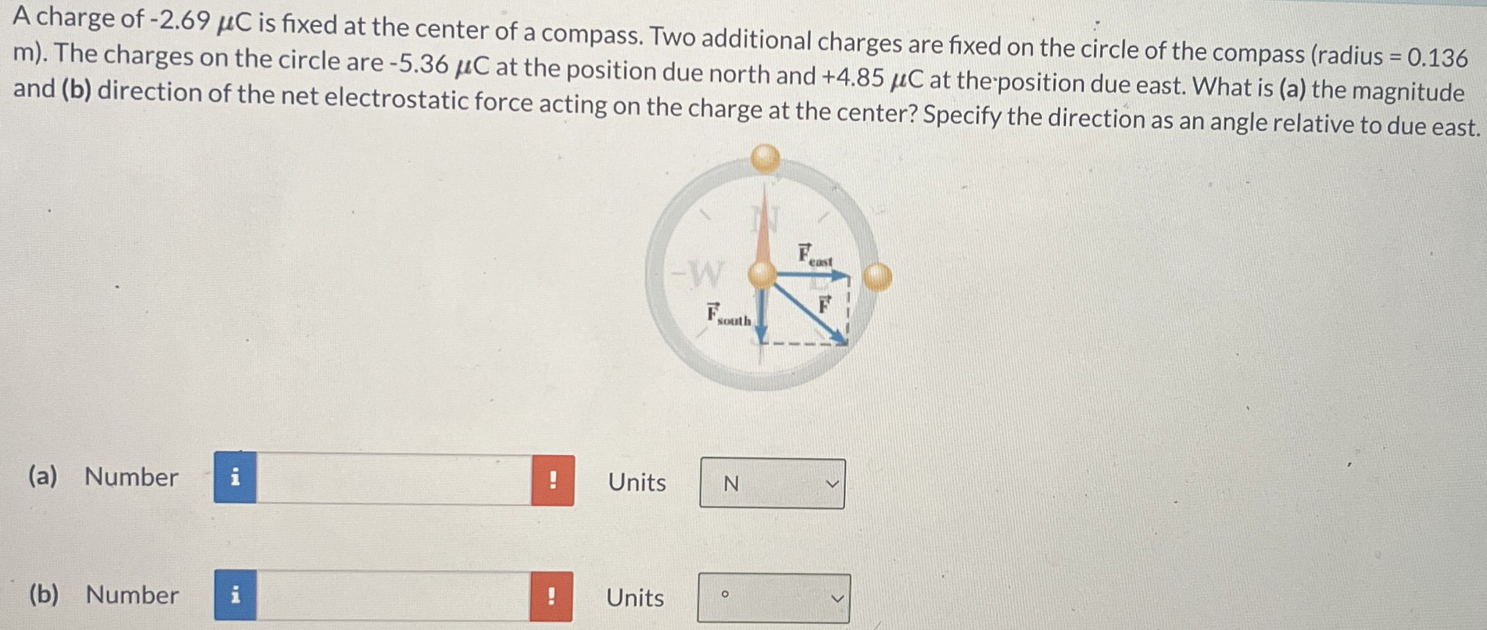 A charge of −2.69 μC is fixed at the center of a compass. Two additional charges are fixed on the circle of the compass (radius = 0.136 m). The charges on the circle are −5.36 μC at the position due north and +4.85 μC at the position due east. What is (a) the magnitude and (b) direction of the net electrostatic force acting on the charge at the center? Specify the direction as an angle relative to due east. (a) Number Units (b) Number Units