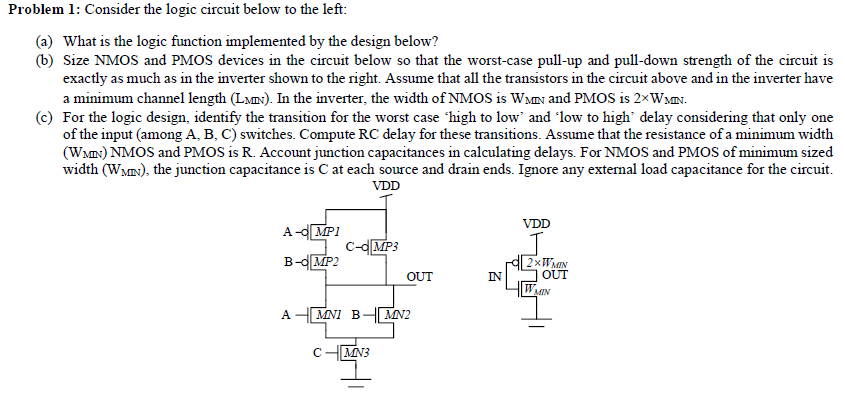 Problem 1: Consider the logic circuit below to the left: (a) What is the logic function implemented by the design below? (b) Size NMOS and PMOS devices in the circuit below so that the worst-case pull-up and pull-down strength of the circuit is exactly as much as in the inverter shown to the right. Assume that all the transistors in the circuit above and in the inverter have a minimum channel length (LMIN). In the inverter, the width of NMOS is WMIN and PMOS is 2×WMN. (c) For the logic design, identify the transition for the worst case 'high to low' and 'low to high' delay considering that only one of the input (among A, B, C) switches. Compute RC delay for these transitions. Assume that the resistance of a minimum width width (WMIN), the junction capacitance is C at each source and drain ends. Ignore any external load capacitance for the circuit. 