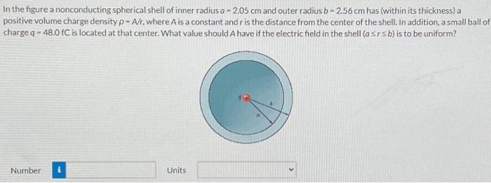 In the figure a nonconducting spherical shell of inner radius a = 2.05 cm and outer radius b = 2.56 cm has (within its thickness) a positive volume charge density ρ = A/r, where A is a constant and r is the distance from the center of the shell. In addition, a small ball of charge q = 48.0 fC is located at that center. What value should A have if the electric field in the shell (a ≤ r ≤ b) is to be uniform? Number Units