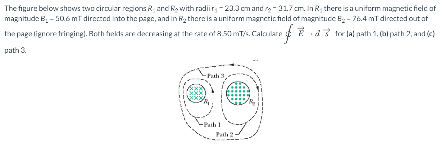 The figure below shows two circular regions R1 and R2 with radii r1 = 23.3 cm and r2 = 31.7 cm. In R1 there is a uniform magnetic field of magnitude B1 = 50.6 mT directed into the page, and in R2 there is a uniform magnetic field of magnitude B2 = 76.4 mT directed out of the page (ignore fringing). Both fields are decreasing at the rate of 8.50 mT/s. Calculate ∮E→⋅ds→ for (a) path 1, (b) path 2, and (c) path 3.