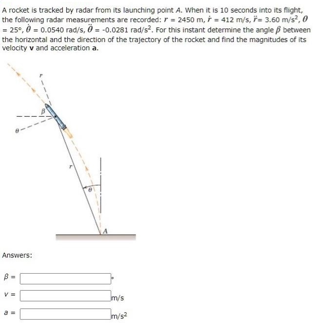 A rocket is tracked by radar from its launching point A. When it is 10 seconds into its flight, the following radar measurements are recorded: r = 2450 m, r˙ = 412 m/s, r¨ = 3.60 m/s2, θ = 25∘, θ˙ = 0.0540 rad/s, θ¨ = −0.0281 rad/s2. For this instant determine the angle β between the horizontal and the direction of the trajectory of the rocket and find the magnitudes of its velocity v and acceleration a. Answers: β = v = m/s a = m/s2