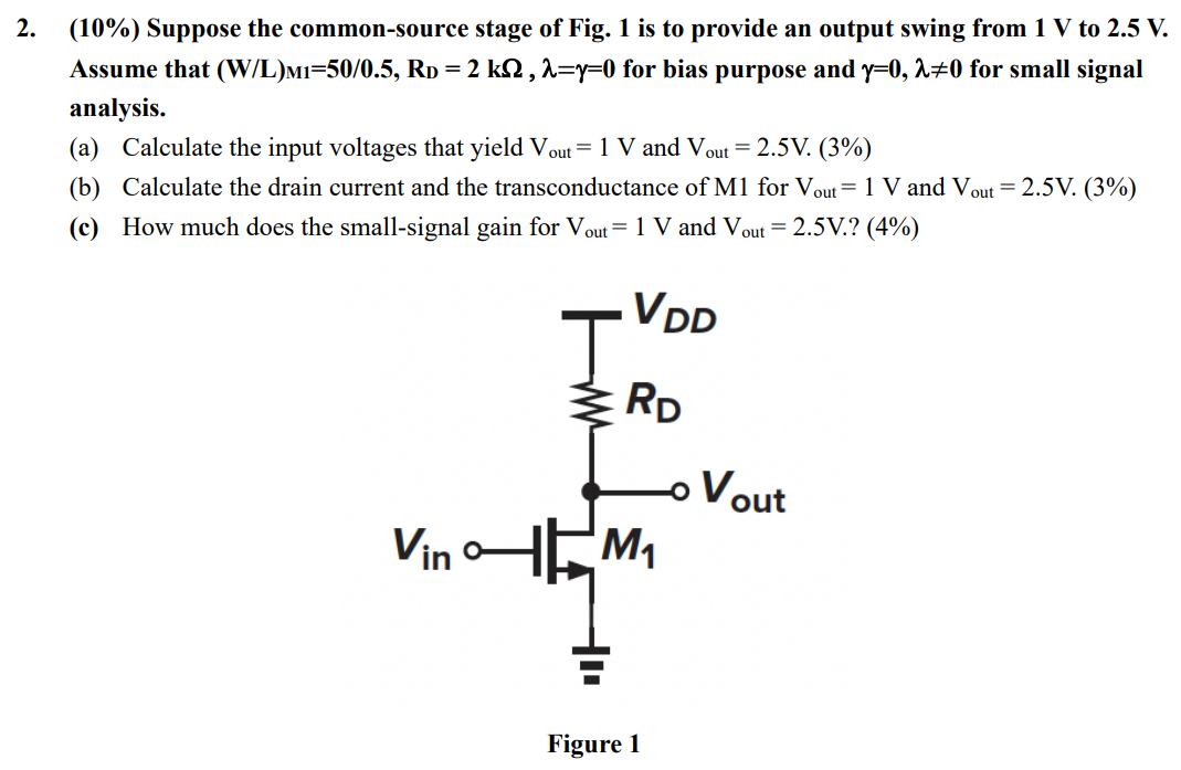 (10%) Suppose the common-source stage of Fig. 1 is to provide an output swing from 1 V to 2.5 V. Assume that (W/L)M1 = 50 /0.5, RD = 2 kΩ, λ = γ = 0 for bias purpose and γ = 0, λ ≠ 0 for small signal analysis. (a) Calculate the input voltages that yield Vout = 1 V and Vout = 2.5 V⋅(3%) (b) Calculate the drain current and the transconductance of M1 for Vout = 1 V and Vout = 2.5 V. (3%) (c) How much does the small-signal gain for Vout = 1 V and Vout = 2.5 V. ? ( 4%) Figure 1