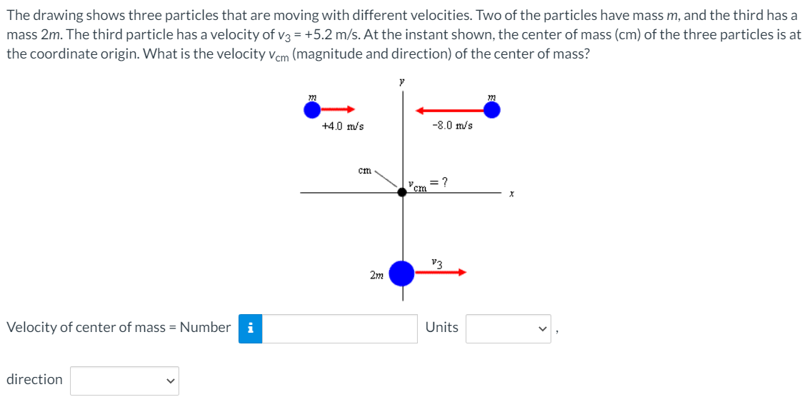 The drawing shows three particles that are moving with different velocities. Two of the particles have mass m, and the third has a mass 2 m. The third particle has a velocity of v3 = +5.2 m/s. At the instant shown, the center of mass (cm) of the three particles is at the coordinate origin. What is the velocity vcm (magnitude and direction) of the center of mass? Velocity of center of mass = Number Units direction