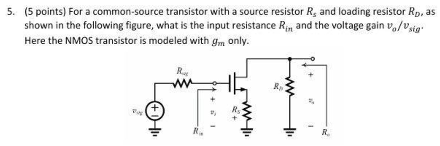 5. (5 points) For a common-source transistor with a source resistor Rs and loading resistor RD, as shown in the following figure, what is the input resistance Rin and the voltage gain vo/vsig . Here the NMOS transistor is modeled with gm only.