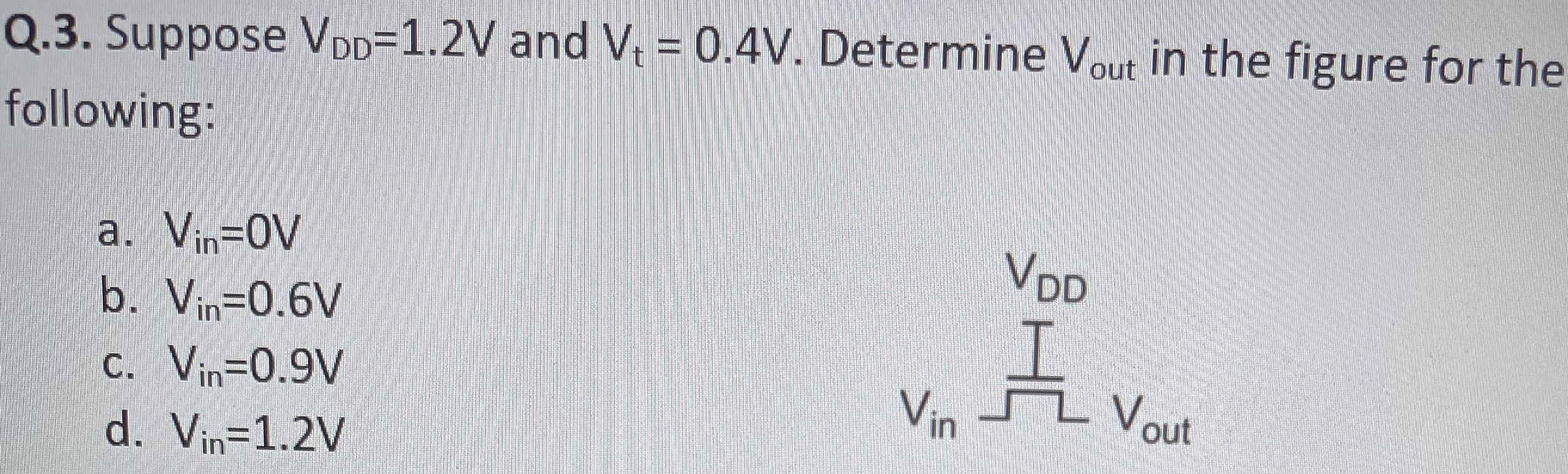 Suppose VDD = 1.2 V and Vt = 0.4 V. Determine Vout in the figure for the following: a. Vin = 0 V b. Vin = 0.6 V c. Vin = 0.9 V d. Vin = 1.2 V