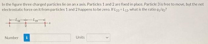 In the figure three charged particles lie on an x axis. Particles 1 and 2 are fixed in place. Particle 3 is free to move, but the net electrostatic force on it from particles 1 and 2 happens to be zero. If L23 = L12. what is the ratio q1/q2? Number Units