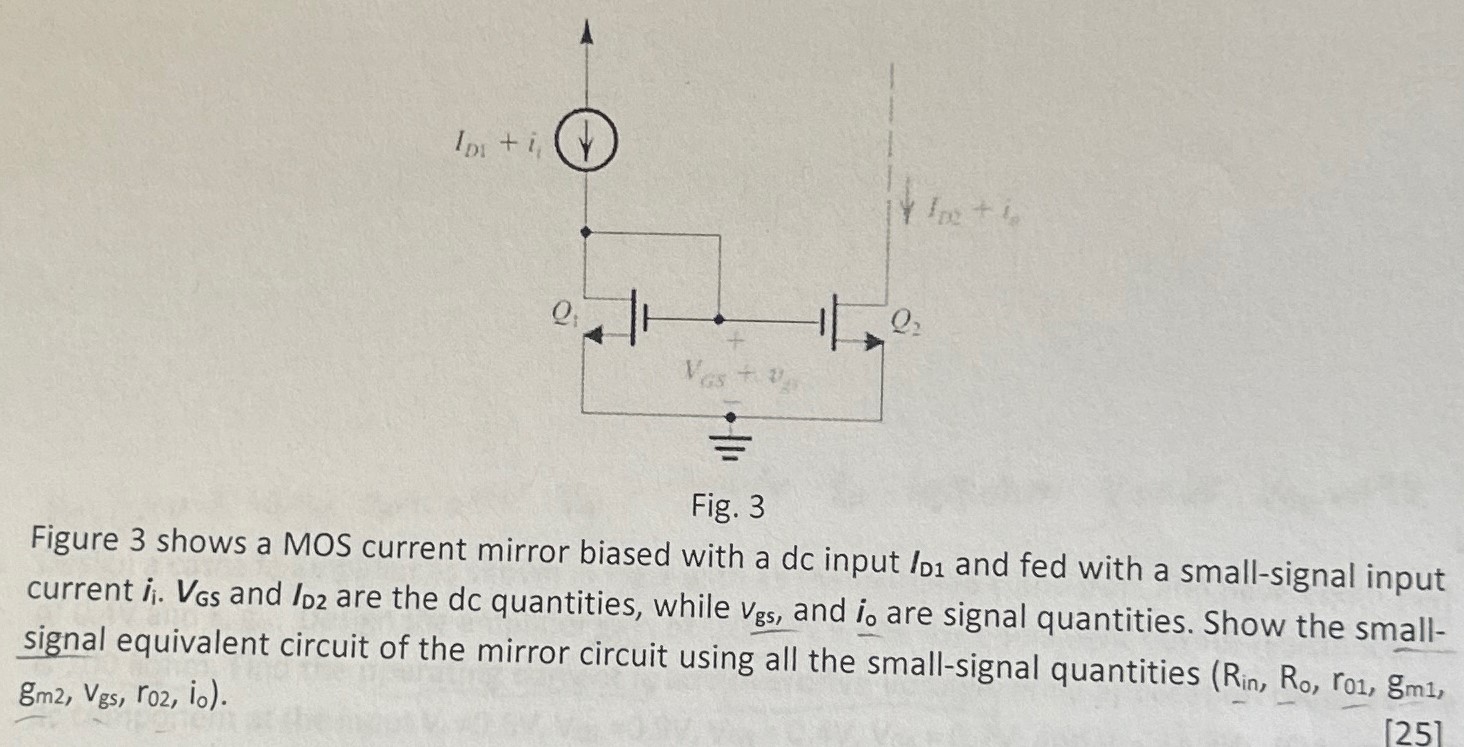 Fig. 3 Figure 3 shows a MOS current mirror biased with a dc input ID1 and fed with a small-signal input current i. VGS and ID2 are the dc quantities, while vgS, and i0 are signal quantities. Show the small-signal equivalent circuit of the mirror circuit using all the small-signal quantities (Rin, Ro, r01, gm1, gm2, vgs, r02, i0). [25]