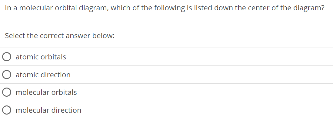 In a molecular orbital diagram, which of the following is listed down the center of the diagram? Select the correct answer below: atomic orbitals atomic direction molecular orbitals molecular direction 