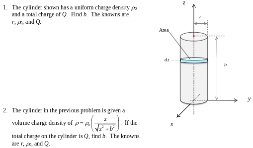 The cylinder shown has a uniform charge density ρ0 and a total charge of Q. Find b. The knowns are r, ρ0, and Q. The cylinder in the previous problem is given a volume charge density of ρ = ρ0(zz2+b2). If the total charge on the cylinder is Q, find b. The knowns are r, ρ0, and Q. 