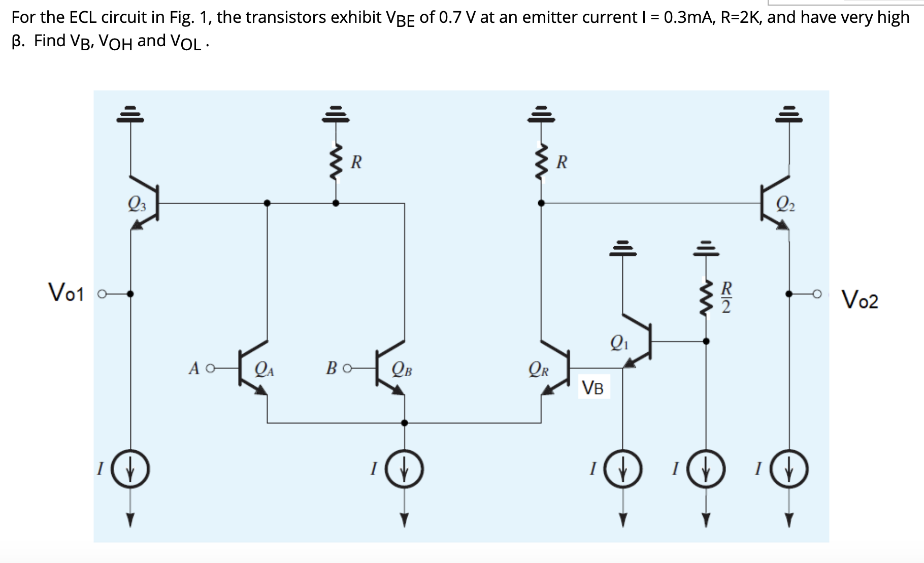 For the ECL circuit in Fig. 1, the transistors exhibit VBE of 0.7 V at an emitter current I = 0.3 mA, R = 2 K, and have very high β. Find VB, VOH and VOL. VB = −1 V, VOH = −0.7 V and VOL = −1.3 V VB = −1.3 V, VOH = −0.7 V and VOL = −1.9 V VB = −1.2 V, VOH = −0.7 V and VOL = −1.7 V VB = −1.1 V, VOH = −0.7 V and VOL = −1.5 V