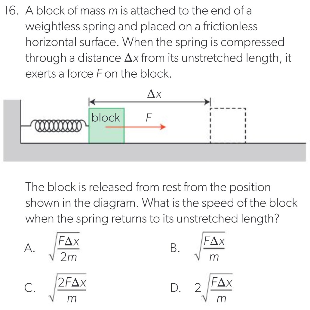 A block of mass m is attached to the end of a weightless spring and placed on a frictionless horizontal surface. When the spring is compressed through a distance Δx from its unstretched length, it exerts a force F on the block. The block is released from rest from the position shown in the diagram. What is the speed of the block when the spring returns to its unstretched length? A. FΔx 2m B. FΔx m C. 2FΔx m D. 2 FΔx m