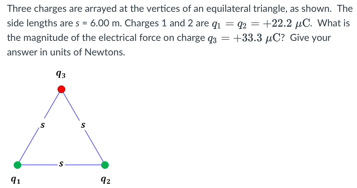 Three charges are arrayed at the vertices of an equilateral triangle, as shown. The side lengths are s = 6.00 m. Charges 1 and 2 are q1 = q2 = +22.2 μC. What is the magnitude of the electrical force on charge q3 = +33.3 μC? Give your answer in units of Newtons.