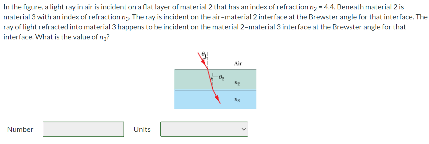 In the figure, a light ray in air is incident on a flat layer of material 2 that has an index of refraction n2 = 4.4. Beneath material 2 is material 3 with an index of refraction n3. The ray is incident on the air-material 2 interface at the Brewster angle for that interface. The ray of light refracted into material 3 happens to be incident on the material 2-material 3 interface at the Brewster angle for that interface. What is the value of n3? Number Units