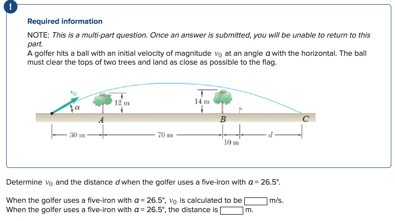 A golfer hits a ball with an initial velocity of magnitude v0 at an angle a with the horizontal. The ball must clear the tops of two trees and land as close as possible to the flag. Determine v0 and the distance d when the golfer uses a five-iron with a = 26.5∘. When the golfer uses a five-iron with a = 26.5∘, v0 is calculated to be m/s. When the golfer uses a five-iron with a = 26.5∘, the distance is m. Required information NOTE: This is a multi-part question. Once an answer is submitted, you will be unable to return to this part.