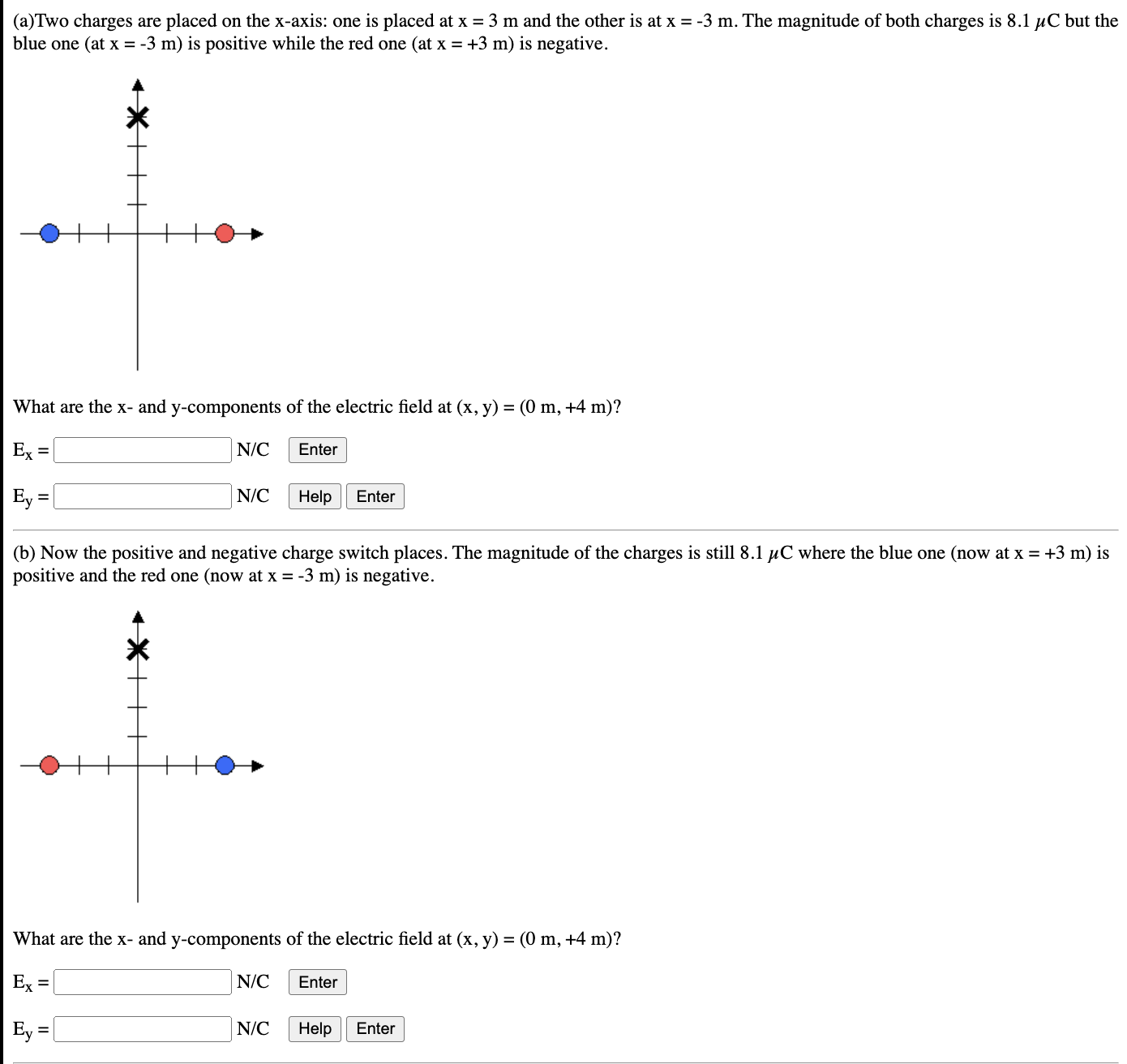 (a)Two charges are placed on the x-axis: one is placed at x = 3 m and the other is at x = −3 m. The magnitude of both charges is 8.1 μC but the blue one (at x = −3 m ) is positive while the red one ( at x = +3 m) is negative. What are the x - and y-components of the electric field at (x, y) = (0 m, +4 m) ? Ex = N/C Ey = N/C (b) Now the positive and negative charge switch places. The magnitude of the charges is still 8.1 μC where the blue one (now at x = +3 m ) is positive and the red one (now at x = −3 m) is negative. What are the x - and y-components of the electric field at (x, y) = (0 m, +4 m) ? Ex = N/C Ey = N/C