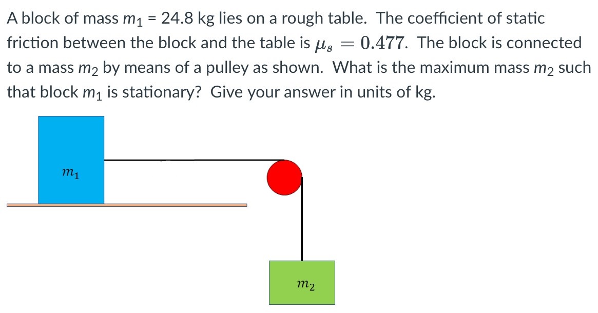 A block of mass m1 = 24.8 kg lies on a rough table. The coefficient of static friction between the block and the table is μs = 0.477. The block is connected to a mass m2 by means of a pulley as shown. What is the maximum mass m2 such that block m1 is stationary? Give your answer in units of kg.