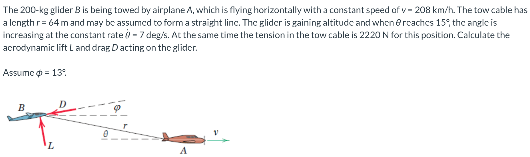 The 200-kg glider B is being towed by airplane A, which is flying horizontally with a constant speed of v = 208 km/h. The tow cable has a length r = 64 m and may be assumed to form a straight line. The glider is gaining altitude and when θ reaches 15∘, the angle is increasing at the constant rate θ = 7 deg/s. At the same time the tension in the tow cable is 2220 N for this position. Calculate the aerodynamic lift L and drag D acting on the glider. Assume ϕ = 13∘