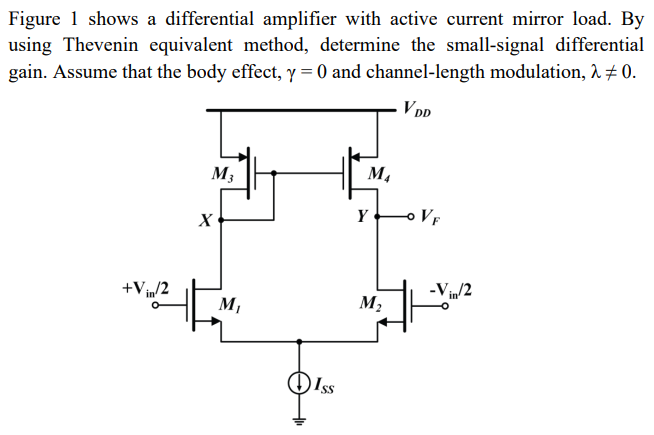 Figure 1 shows a differential amplifier with active current mirror load. By using Thevenin equivalent method, determine the small-signal differential gain. Assume that the body effect, γ = 0 and channel-length modulation, λ ≠ 0.