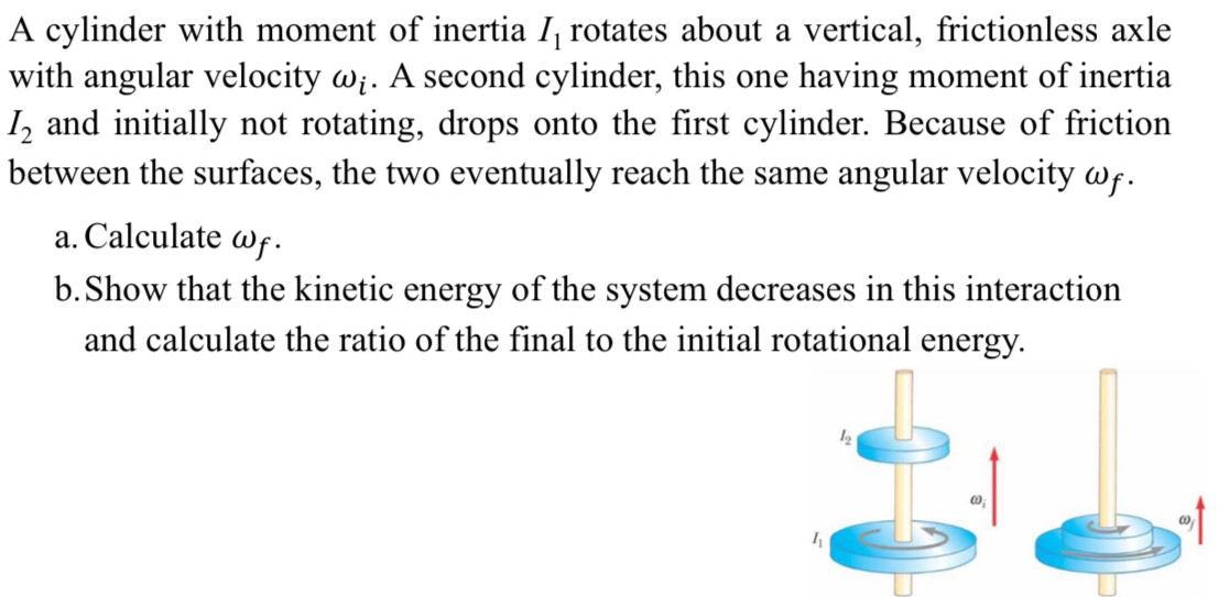 A cylinder with moment of inertia I1 rotates about a vertical, frictionless axle with angular velocity ωi. A second cylinder, this one having moment of inertia I2 and initially not rotating, drops onto the first cylinder. Because of friction between the surfaces, the two eventually reach the same angular velocity ωf. a. Calculate ωf. b. Show that the kinetic energy of the system decreases in this interaction and calculate the ratio of the final to the initial rotational energy.