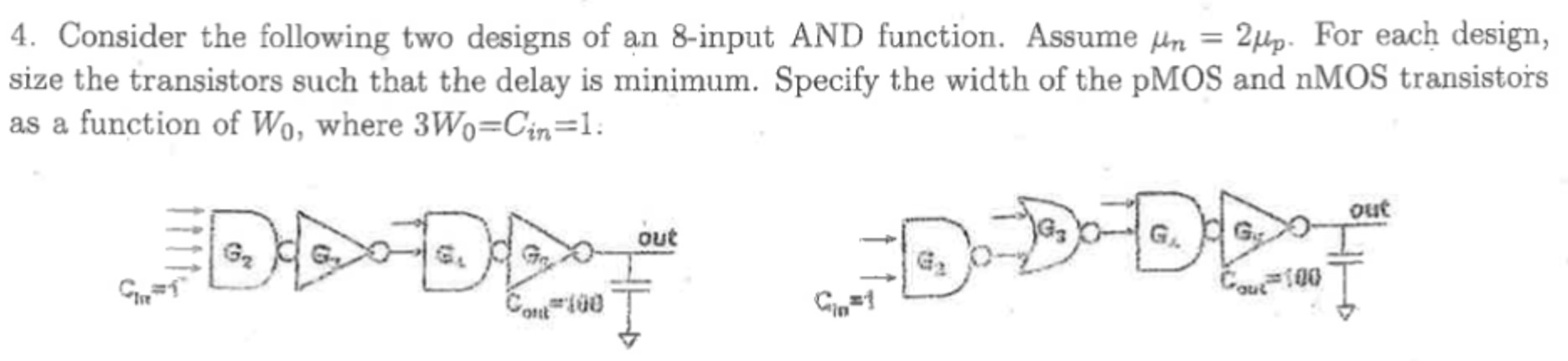 Consider the following two designs of an 8-input AND function. Assume μn = 2μp. For each design, size the transistors such that the delay is minimum. Specify the width of the pMOS and nMOS transistors as a function of W0, where 3W0 = Cin = 1.