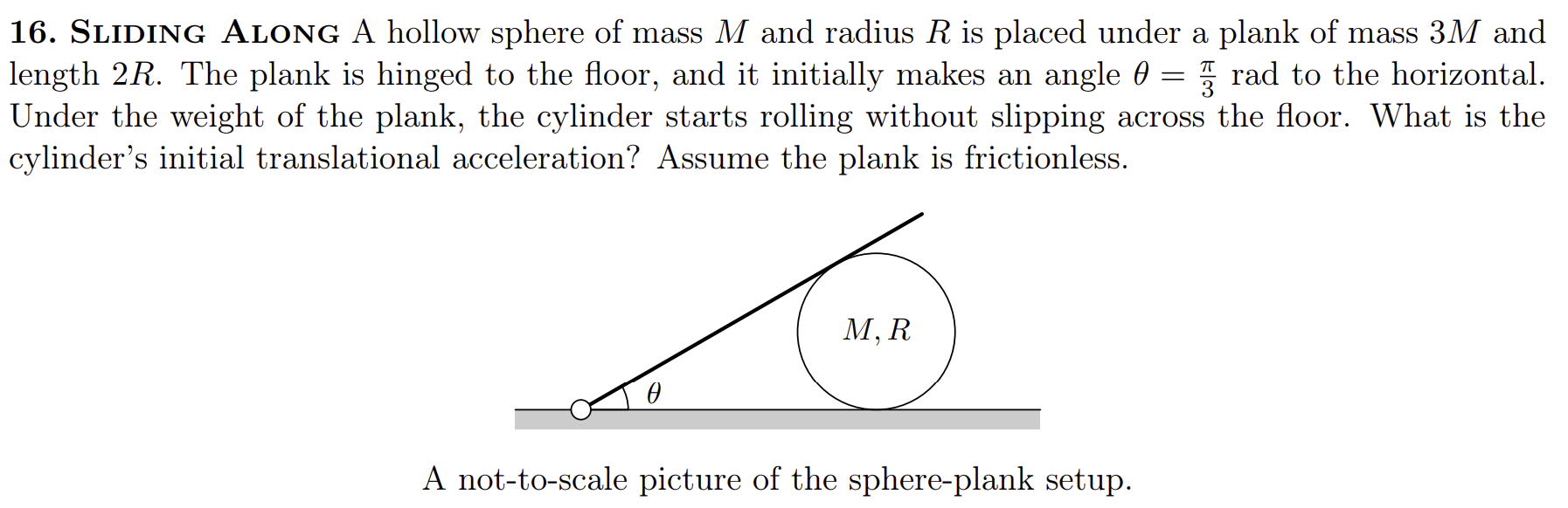 Sliding Along A hollow sphere of mass M and radius R is placed under a plank of mass 3M and length 2R. The plank is hinged to the floor, and it initially makes an angle θ = π 3 rad to the horizontal. Under the weight of the plank, the cylinder starts rolling without slipping across the floor. What is the cylinder's initial translational acceleration? Assume the plank is frictionless. A not-to-scale picture of the sphere-plank setup.