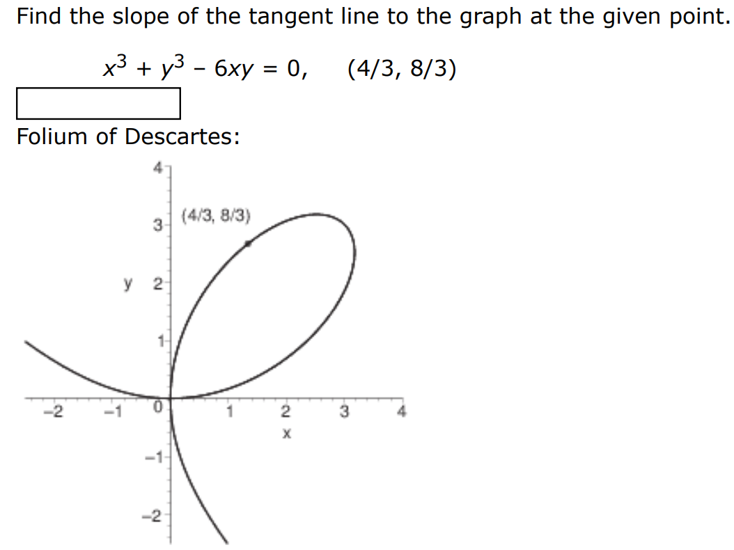 Find the slope of the tangent line to the graph at the given point. x3 + y3 − 6xy = 0, (4/3, 8/3) Folium of Descartes: