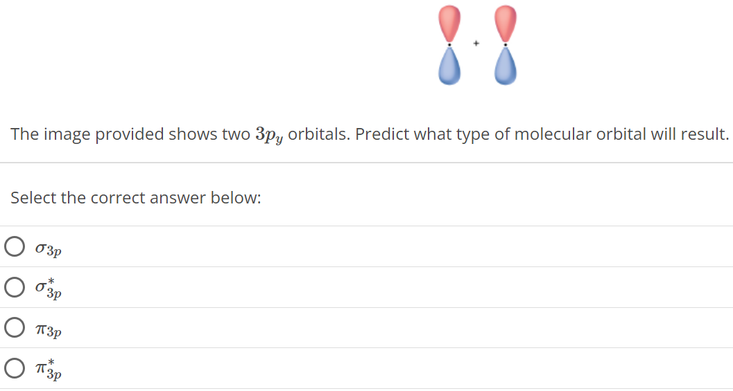 The image provided shows two 3py orbitals. Predict what type of molecu