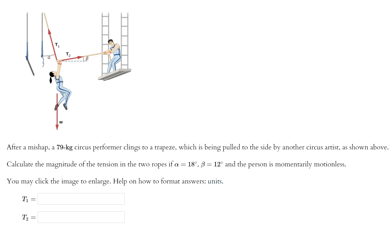 After a mishap, a 79−kg circus performer clings to a trapeze, which is being pulled to the side by another circus artist, as shown above. Calculate the magnitude of the tension in the two ropes if α = 18∘, β = 12∘ and the person is momentarily motionless. You may click the image to enlarge. Help on how to format answers: units. T1 = T2 =