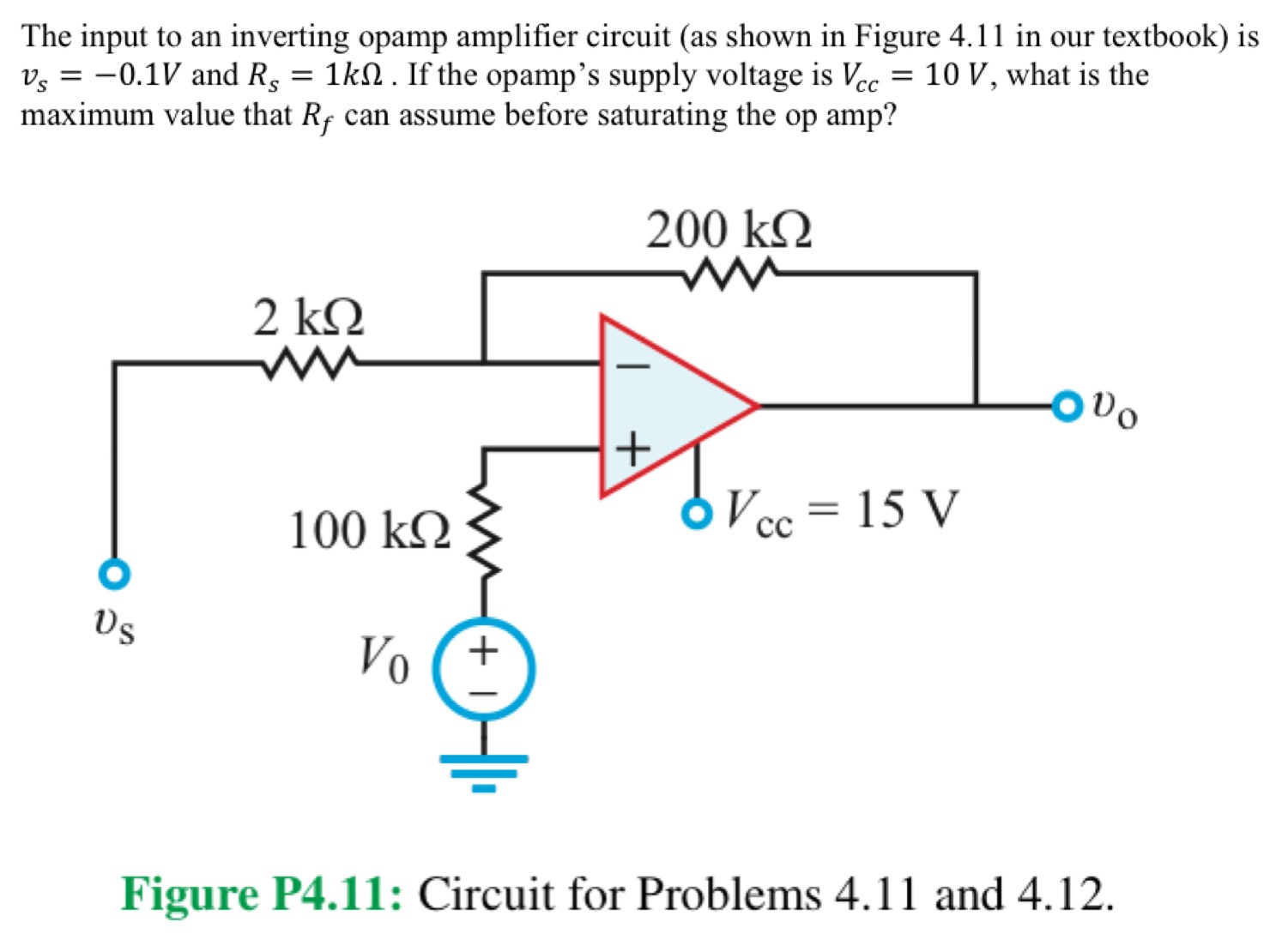 The input to an inverting opamp amplifier circuit (as shown in Figure 4.11 in our textbook) is v s = −0.1 V and Rs = 1kΩ. If the opamp's supply voltage is Vcc = 10 V, what is the maximum value that Rf can assume before saturating the op amp? Figure P4.11: Circuit for Problems 4.11 and 4.12. 