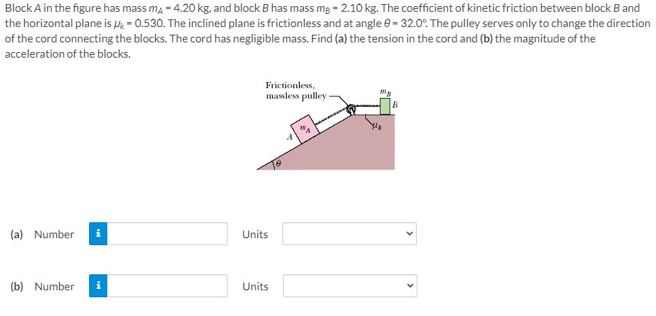 Block A in the figure has mass mA = 4.20 kg, and block B has mass mB = 2.10 kg. The coefficient of kinetic friction between block B and the horizontal plane is μk = 0.530. The inclined plane is frictionless and at angle θ = 32.0∘. The pulley serves only to change the direction of the cord connecting the blocks. The cord has negligible mass. Find (a) the tension in the cord and (b) the magnitude of the acceleration of the blocks. (a) Number Units (b) Number Units