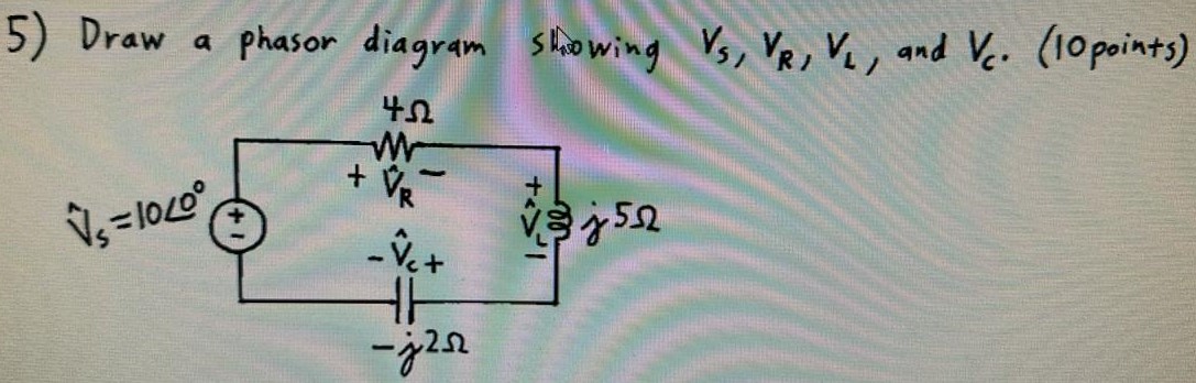 Draw a phasor diagram showing VS, VR, VL, and VC. (10points)