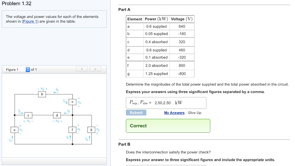 Problem 1.32 The voltage and power values for each of the elements shown in (Figure 1) are given in the table. Figure 1 of 1 Part A Determine the magnitudes of the total power supplied and the total power absorbed in the circuit. Express your answers using three significant figures separated by a comma. Psup , Pahs = 2.50, 2.50 kW Submit My Answers Give Up Correct Part B Does the interconnection satisfy the power check? Express your answer to three significant figures and include the appropriate units. Part C Find the value of the current ia according to the current direction shown in the figure. Express your answer to three significant figures and include the appropriate units. Submit My Answers Give Up Incorrect; One attempt remaining; Try Again Part D Find the value of the current ib according to the current direction shown in the figure. Express your answer to three significant figures and include the appropriate units. ib = Value Units Submit My Answers Give Up Part E Find the value of the current ic according to the current direction shown in the figure. Express your answer to three significant figures and include the appropriate units. ic = Value Units Submit My Answers Give Up Part F Find the value of the current id according to the current direction shown in the figure. Express your answer to three significant figures and include the appropriate units. id = Value Units Submit My Answers Give Up Part G Find the value of the current ie according to the current direction shown in the figure. Express your answer to three significant figures and include the appropriate units. ie = Value Units Submit My Answers Give Up Part H Find the value of the current if according to the current direction shown in the figure. Express your answer to three significant figures and include the appropriate units. if = Value Units Submit My Answers Give Up Part I Find the value of the current ig according to the current direction shown in the figure. Express your answer to three significant figures and include the appropriate units. ig = Value Units Submit My Answers Give Up 