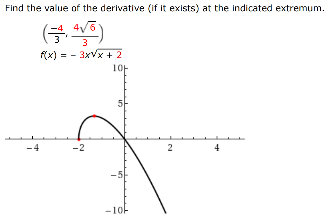 Find the value of the derivative (if it exists) at the indicated extremum. (-4/3 4 6/3) f(x) = -3x x+2