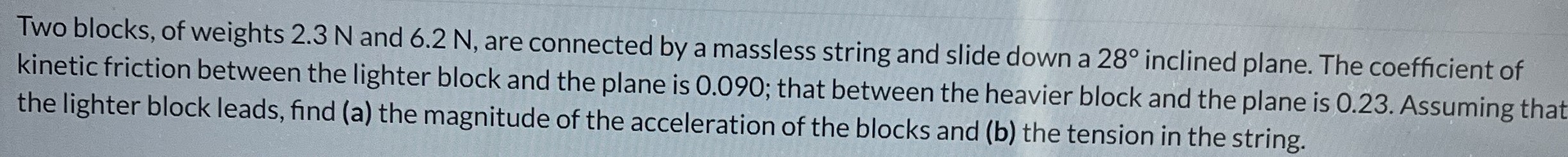 Two blocks, of weights 2.3 N and 6.2 N, are connected by a massless string and slide down a 28∘ inclined plane. The coefficient of kinetic friction between the lighter block and the plane is 0.090 ; that between the heavier block and the plane is 0.23. Assuming that the lighter block leads, find (a) the magnitude of the acceleration of the blocks and (b) the tension in the string.