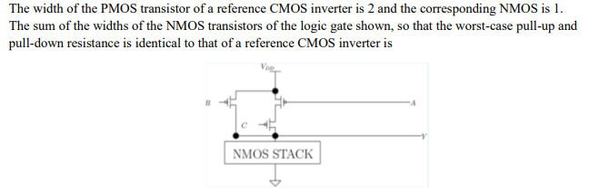 The width of the PMOS transistor of a reference CMOS inverter is 2 and the corresponding NMOS is 1. The sum of the widths of the NMOS transistors of the logic gate shown, so that the worst-case pull-up and pull-down resistance is identical to that of a reference CMOS inverter is