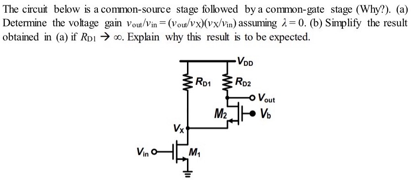 The circuit below is a common-source stage followed by a common-gate stage (Why?). (a) Determine the voltage gain vout/vin = (vout/vX)(vX/vin) assuming λ = 0. (b) Simplify the result obtained in (a) if RD1 → ∞. Explain why this result is to be expected. Consider the circuit of Fig. 7.72, where a common-source stage (M1 and RD1) is followed by a common-gate stage (M2 and RD2). (a) Writing vout /vin = (vX/vin)(vout/vX) and assuming λ = 0, compute the overall voltage gain. (b) Simplify the result obtained in (a) if RD1 → ∞. Explain why this result is to be expected. Figure 7.72 17.45. Consider the circuit of Fig. 17.113, where a common-source stage (M1 and RD1) is followed by a common-gate stage (M2 and RD2).