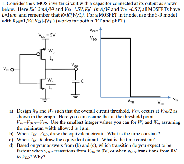 Consider the CMOS inverter circuit with a capacitor connected at its output as shown below. Here Kn′ = 2 mA/V2 and VTn = 1.5 V, Kp′ = 1 mA/V2 and VTp = −0.5 V, all MOSFETs have L = 1 μm, and remember that K = K′(W/L). For a MOSFET in triode, use the S-R model with RON = 1 /K(|VGS| − |VT| ) (works for both nFET and pFET). a) Design Wp and Wn such that the overall circuit threshold, VTH, occurs at VDD/2 as shown in the graph. Here you can assume that at the threshold point VIN = VOUT = VTH. Use the smallest integer values you can for Wp and Wn, assuming the minimum width allowed is 1 μm. b) When VIN = VDD, draw the equivalent circuit. What is the time constant? c) When VIN = 0, draw the equivalent circuit. What is the time constant? d) Based on your answers from (b) and (c), which transition do you expect to be fastest: when vOUT transitions from VDD to 0 V, or when vOUT transitions from 0 V to VDD ? Why?