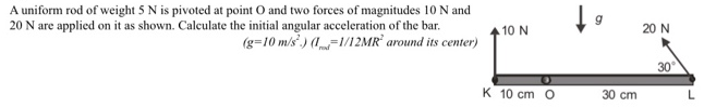 A uniform rod of weight 5 N is pivoted at point O and two forces of magnitudes 10 N and 20 N are applied on it as shown. Calculate the initial angular acceleration of the bar. (g = 10 m/s2), (Imad = 1/12 MR2 around its center )