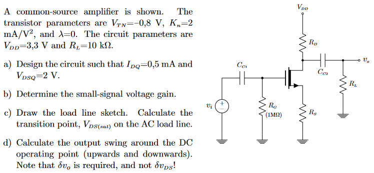 A common-source amplifier is shown. The transistor parameters are VTN = −0,8 V, Kn = 2 mA/V2, and λ = 0. The circuit parameters are VDD = 3,3 V and RL = 10 kΩ. a) Design the circuit such that IDQ = 0,5 mA and VDSQ = 2 V. b) Determine the small-signal voltage gain. c) Draw the load line sketch. Calculate the transition point, VDS(sat) on the AC load line. d) Calculate the output swing around the DC operating point (upwards and downwards). Note that δvo is required, and not δvDS! 