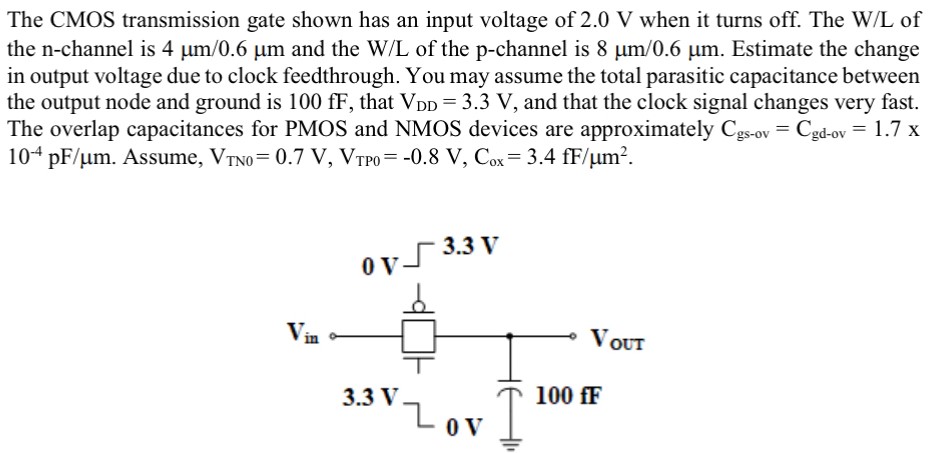 The CMOS transmission gate shown has an input voltage of 2.0 V when it turns off. The W/L of the n -channel is 4 μm/0.6 μm and the W/L of the p -channel is 8 μm/0.6 μm. Estimate the change in output voltage due to clock feedthrough. You may assume the total parasitic capacitance between the output node and ground is 100 fF, that VDD = 3.3 V, and that the clock signal changes very fast. The overlap capacitances for PMOS and NMOS devices are approximately Cgs-ov = Cgd-ov = 1.7 x 10−4 pF/μm. Assume, VTN0 = 0.7 V, VTP0 = −0.8 V, Cox = 3.4 fF/μm2.