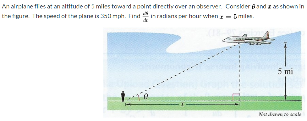 An airplane flies at an altitude of 5 miles toward a point directly over an observer. Consider θ and x as shown in the figure. The speed of the plane is 350 mph. Find dθ dt in radians per hour when x = 5 miles.