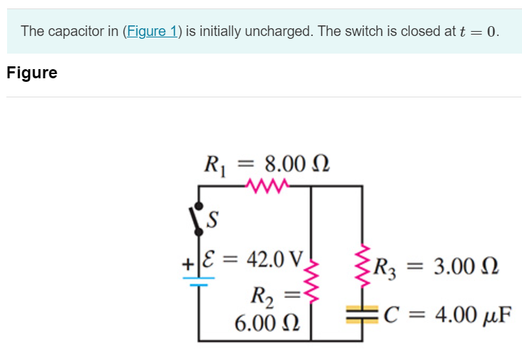 The capacitor in (Figure 1) is initially uncharged. The switch is closed at t = 0. Figure Part A Immediately after the switch is closed, what is the current through the resistor R1 ? Express your answer in amperes. I = Submit Request Answer Part B Immediately after the switch is closed, what is the current through the resistor R2 ? Express your answer in amperes. I = A Part C Immediately after the switch is closed, what is the current through the resistor R3 ? Express your answer in amperes. I = A Submit Request Answer Part D What is the final charge on the capacitor? Express your answer in coulombs. Q = C 